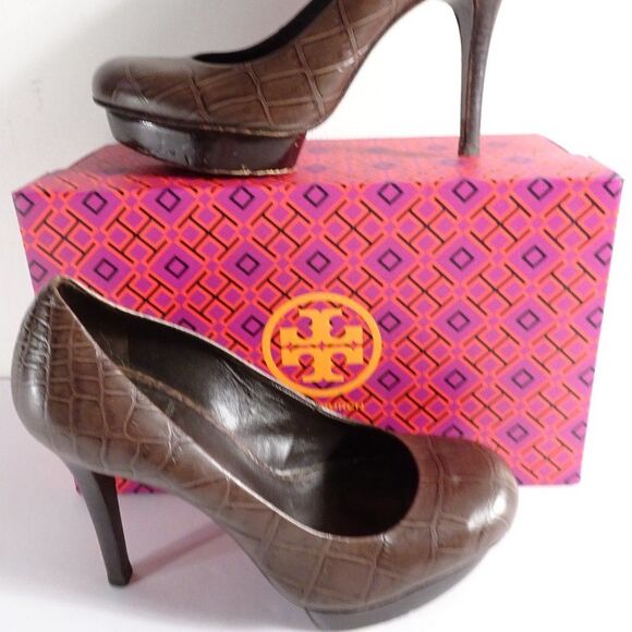 Tory Burch Brown Leather Faux Crock Platform Pumps Sz 6.5 - Picture 1 of 13